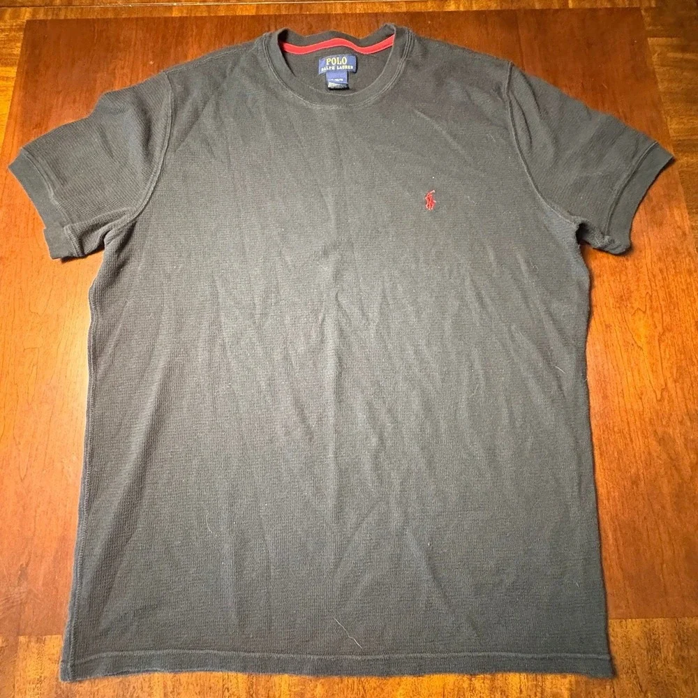Polo Ralph Lauren Black Waffle Knit Thermal T-Shirt XL Red Pony